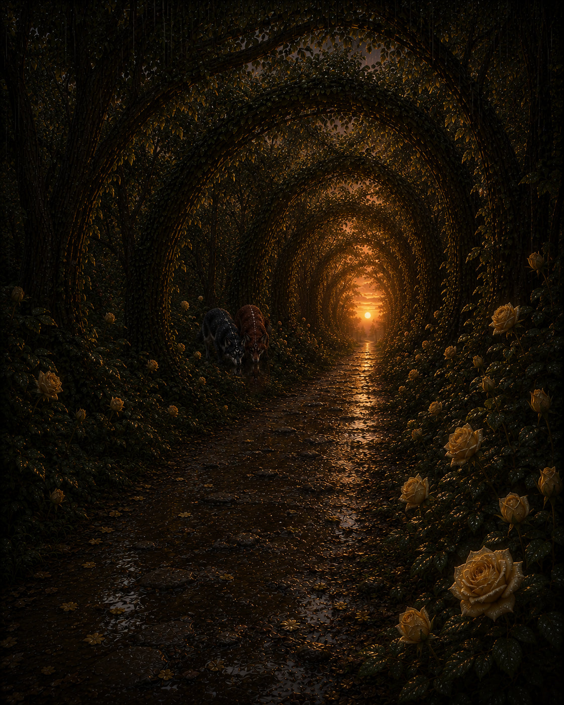A dreamy tunnel of roses glowing with warm sunset light