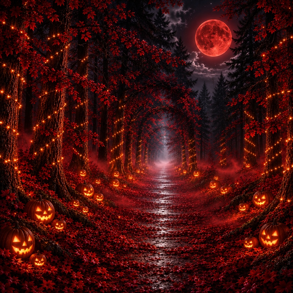 Hallow's Eve Forest with Pumpkins and Tree Lights