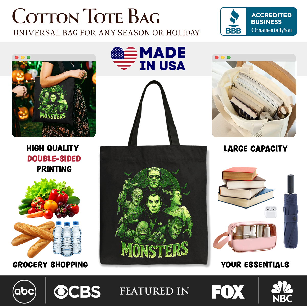Green Retro Monsters Tote Bag, Vintage Classic Horror Halloween Gift Shopper