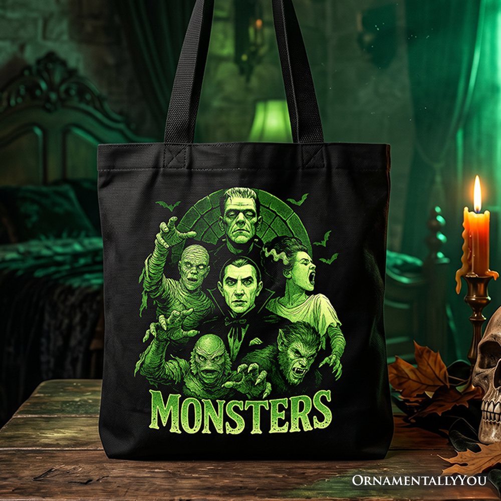 Green Retro Monsters Tote Bag, Vintage Classic Horror Halloween Gift Shopper
