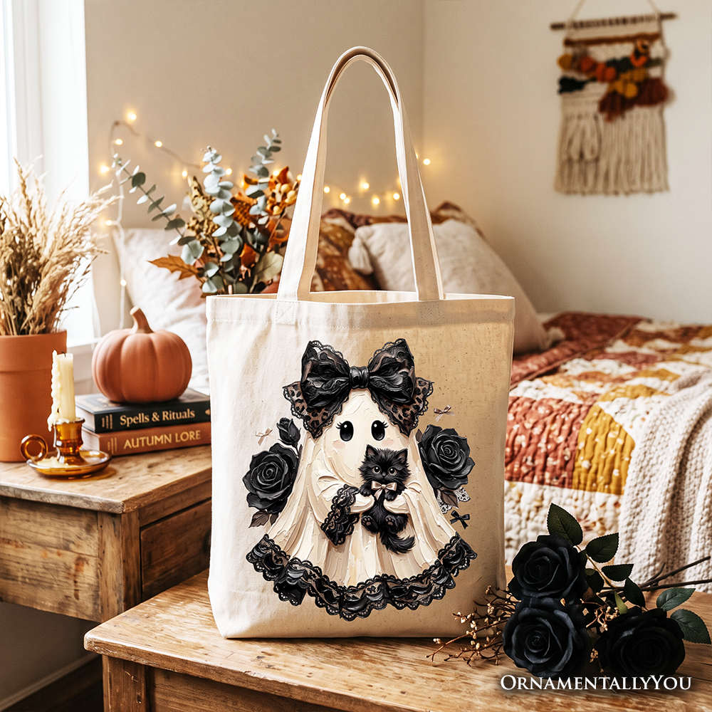 Gothic Ghost with Black Cat Tote Bag, Black Rose Coquette Halloween Gift Shopper