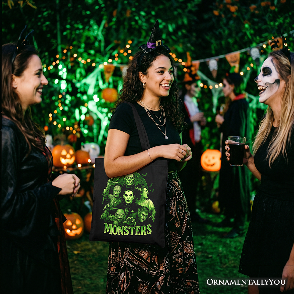 Green Retro Monsters Tote Bag, Vintage Classic Horror Halloween Gift Shopper