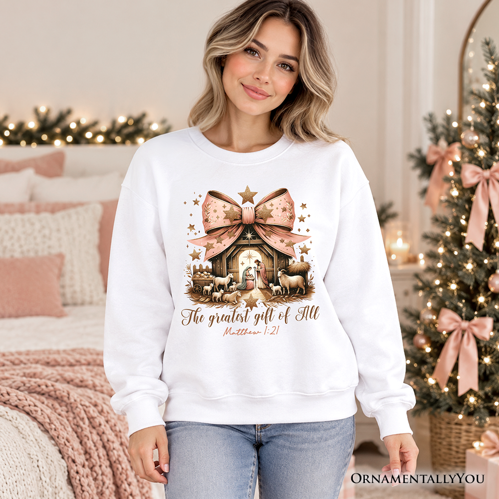 Holy Night Nativity Scene Jesus Sweatshirt, The Greatest Gift of All Matthew 1:21 Christian Christmas Sweater