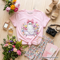 Kids Pink Bow Bathtub Ghost T-Shirt, Floral Coquette Halloween Youth Tee