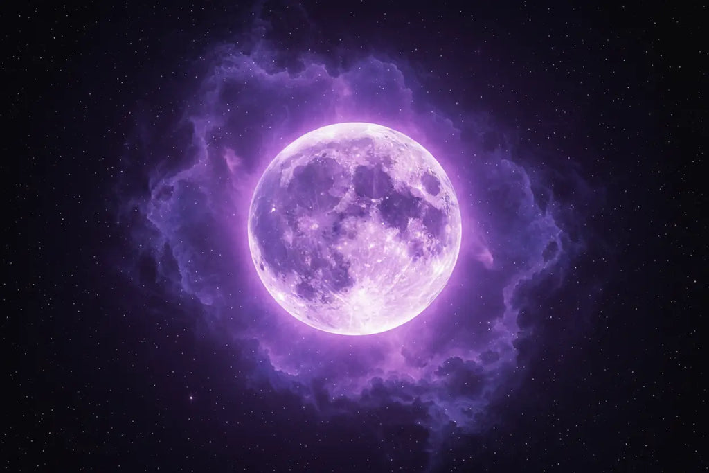 Glowing purple moon surrounded by violet nebula clouds and stars — Supernova membership tier
