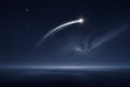 A luminous shooting star arcing across a deep midnight indigo sky over a misty horizon — Shooting Star membership tier