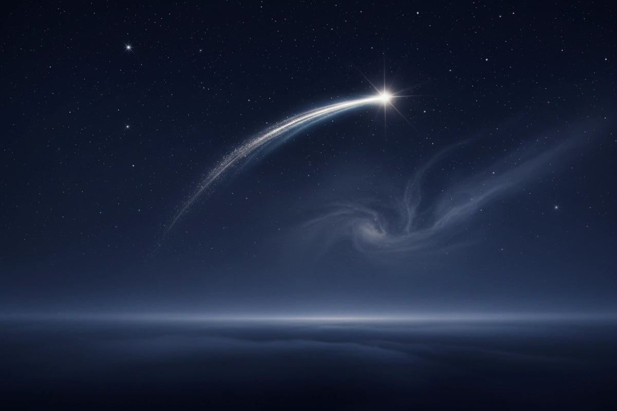 A luminous shooting star arcing across a deep midnight indigo sky over a misty horizon — Shooting Star membership tier