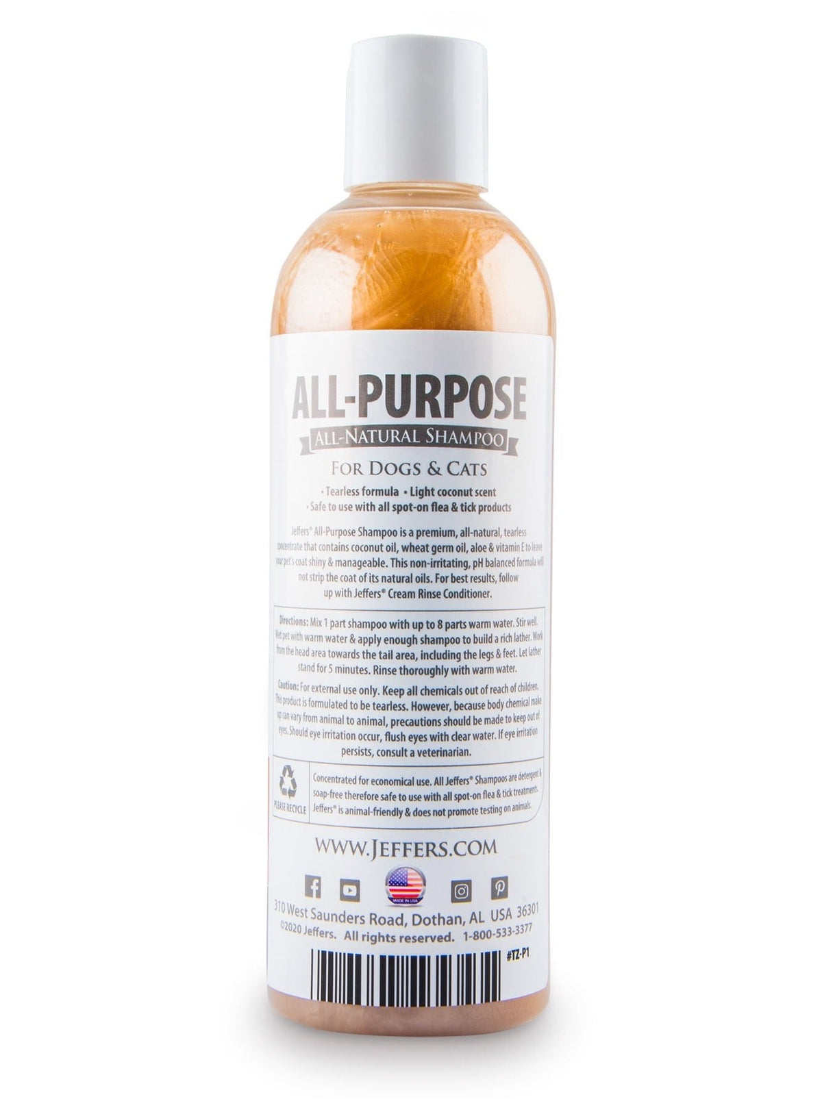 Jeffers Pet Tearless All-Natural Coconut Oil Shampoo for Dogs & Cats 🐾💙