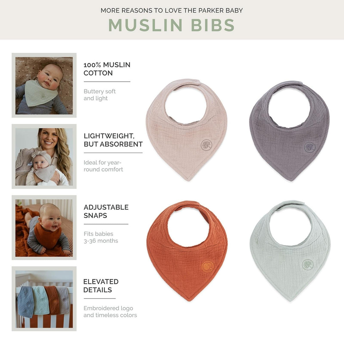 Lot de 4 bavoirs bandana en mousseline Pebble